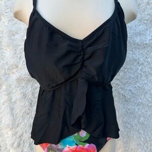 Cupshe Womenβs Black Ruffled Tankini Top with floral bottom size 3XL